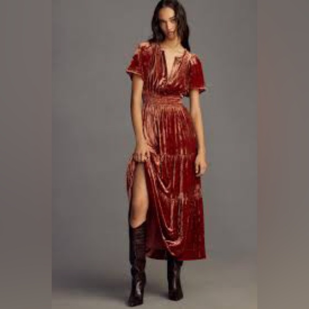 Anthropologie‎ The Somerset Velvet Maxi Dress Size 1X Smocked Tiered in Amber